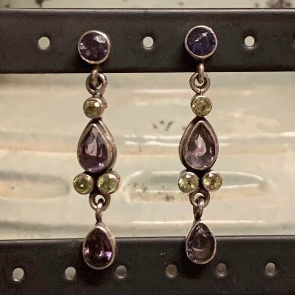 Sterling Silver, Amethyst and Peridot Dangle Earrings Vintage - Picture 1 of 7